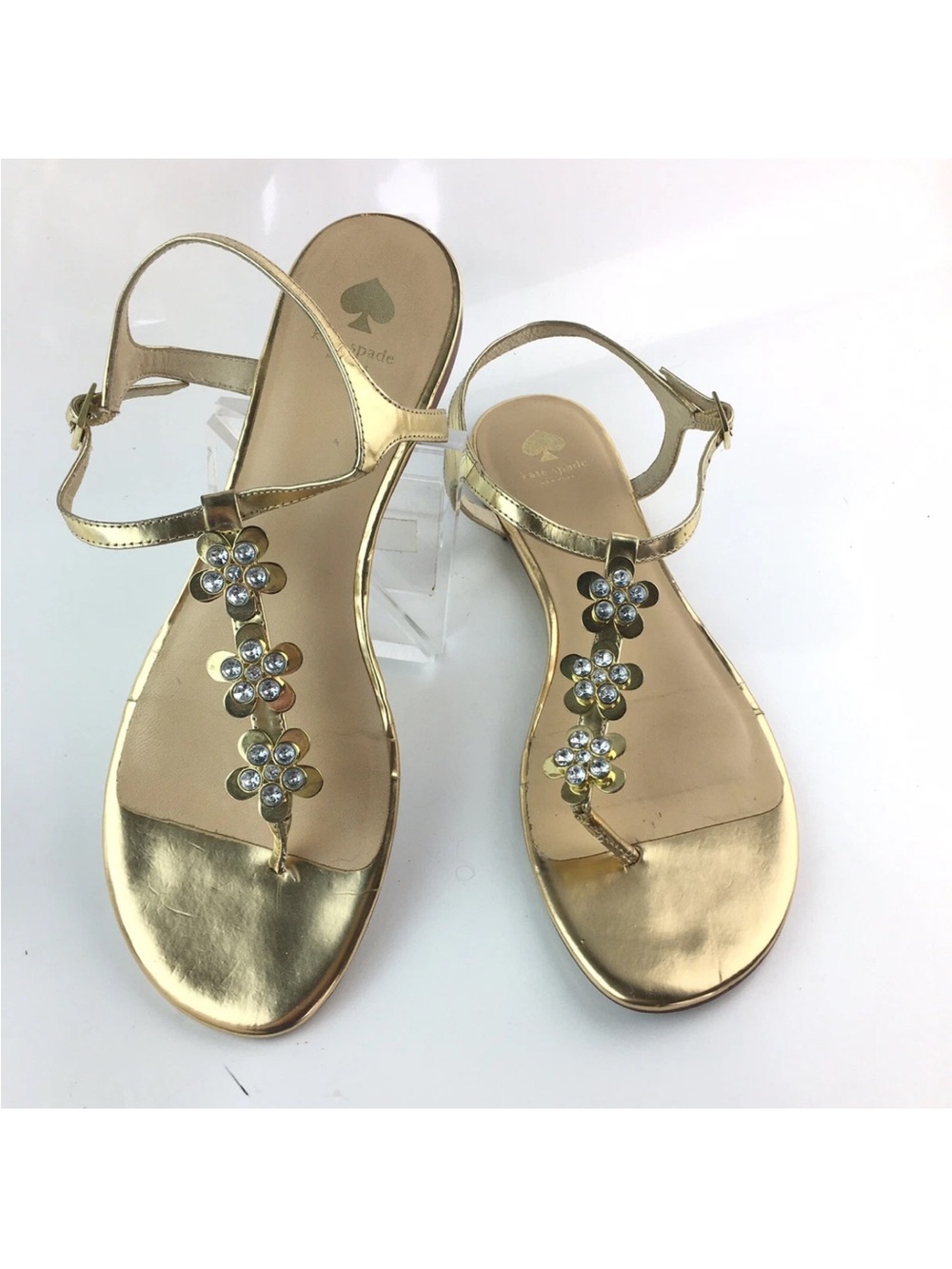 KATE SPADE Crystal Flats Sandals Gold Metallic Rhinestone Flower size 9